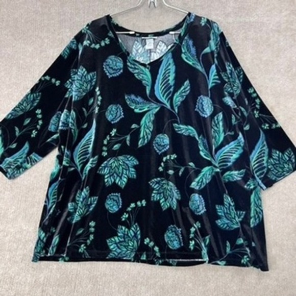 Catherines Tops - Catherines 2X Floral Velvet Burnout Top Plus Size V Neck Blue Green Black